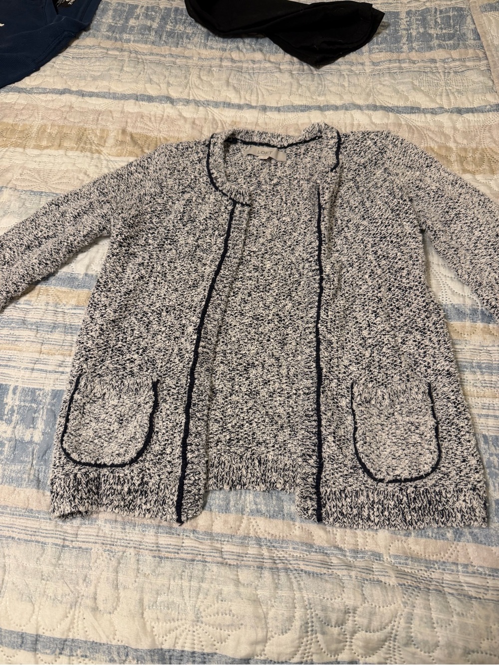 LOFT Marled Navy and White Open-Front Knit Cardigan
